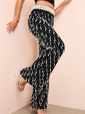 Beaded Fringe Wide-Leg Pants - Black